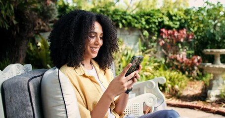 Happy woman, scroll and fist pump with phone outdoor for announcement, competition and giveaway win. Excited, person and celebration in backyard with tech for online notification, prize or good news.