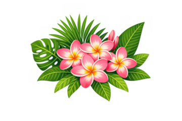 Pink frangipani plumeria tropical flowers blooming among green palm and monstera leaves, isolated on transparent background