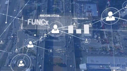 Animation of network of connections with icons and data processing over cityscape - Powered by Adobe