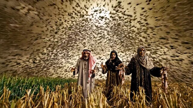Desert locust swarm darkening farmland sky as insects devour crops under eclipse like light with farmers struggling below