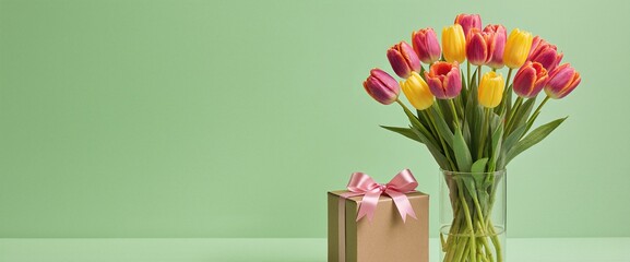 A green backdrop serves as the setting for a bouquet of vibrant tulips paired with a present to celebrate Women's Day