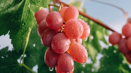 Clusters of fresh red grapes hang from a vine, sparkling with water droplets from recent rain, surrounded by lush green leaves under a clear sky