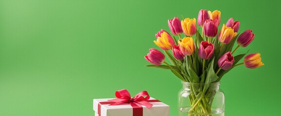 A green backdrop serves as the setting for a bouquet of vibrant tulips paired with a present to celebrate Women's Day