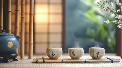 A traditional Japanese tea ceremony set, with bamboo and delicate teacups arranged in a peaceful room .