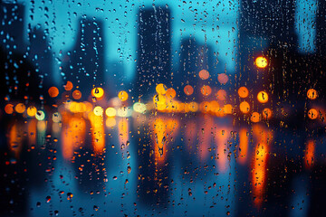 Close-Up of Raindrops on a Glass Window with Blurred City Lights