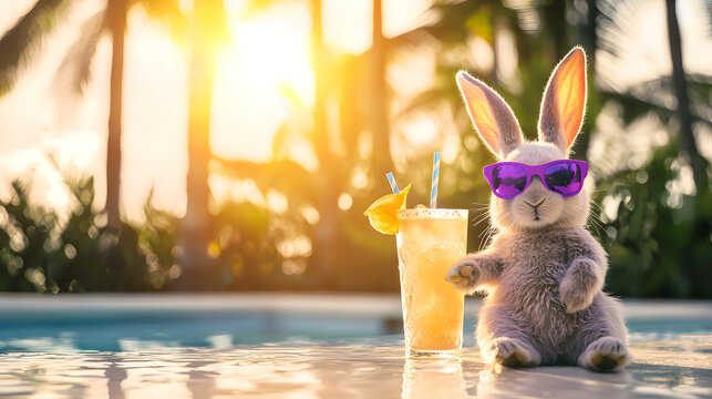 Bunny in glasses sits next to a tropical cocktail by the pool against the backdrop of palm trees and a sunny sky