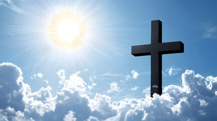 Dark silhouette of a Christian cross appears through the clouds against a blue sky with sunbeams, creating a tranquil, spiritual, and symbolic landscape