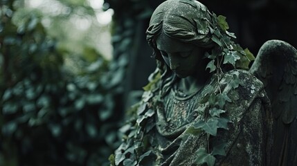 angel statue draped in ivy ancient cemetery .