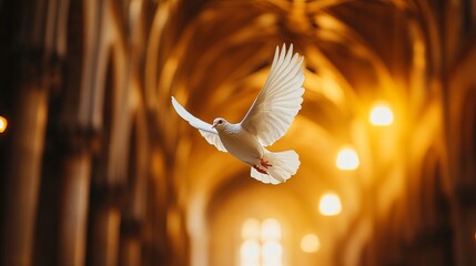 A delicate white dove flying through the illuminated arches of a cathedral, symbolizing peace .