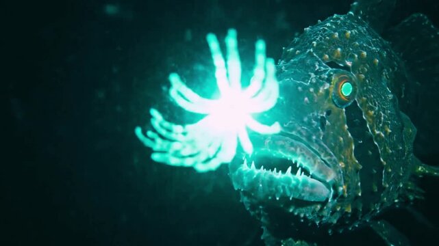 Deep sea anglerfish displays its bright bioluminescent lure in the dark ocean depths captivating unsuspecting prey with its light