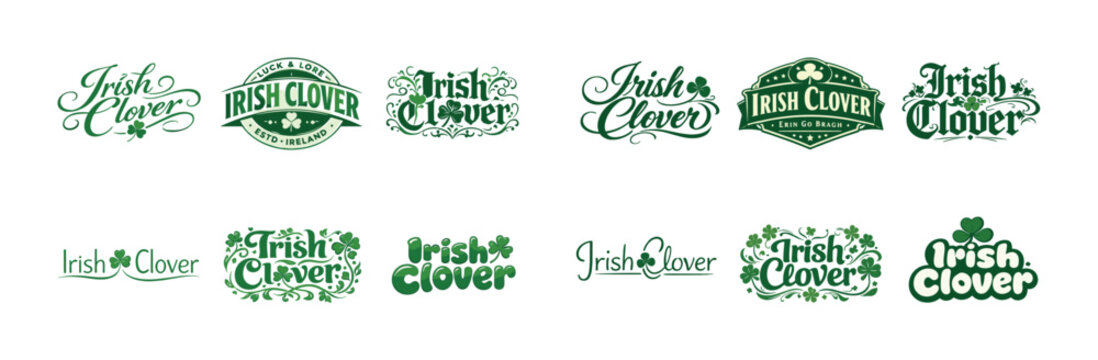 Irish clover logo designs set with shamrock variations and vintage styles