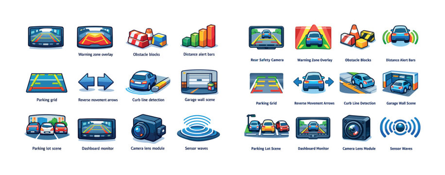 Car safety and parking technology icons with sensor features