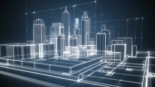 A clean holographic architectural blueprint visualization of a modern smart city, featuring precise line structures and digital grid elements. 