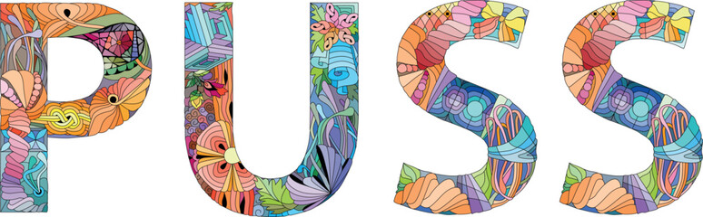 Word PUSS. Vector zentangle object for decoration