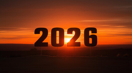 2026 sign silhouetted on a sunset sky
