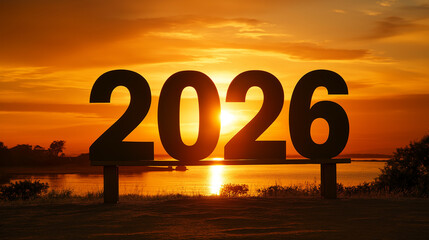 2026 sign silhouetted on a sunset sky