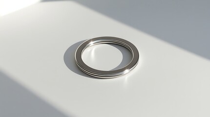 Single stainless steel key ring, minimal design, placed flat on a white surface, isolated on pure white background, soft studio lighting, subtle shadow, ultra-realistic product photography.