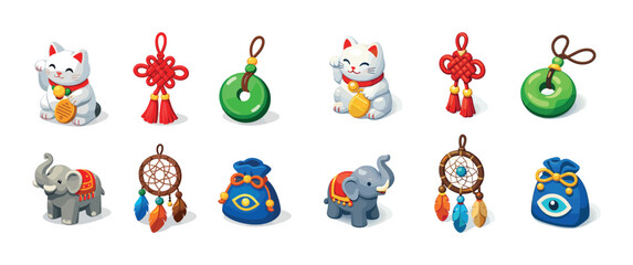 Lucky charms collection: maneki neko, elephants, dreamcatchers, evil eye, symbols of fortune