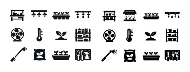 Hydroponic farming icons set: equipment and plant growth symbols