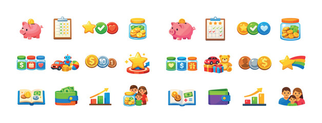 Fototapeta premium Colorful collection of financial and family icons for planning and savings