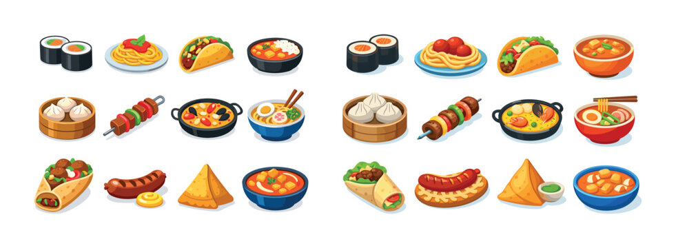 Array of diverse international dishes including sushi, tacos, dumplings, and curry