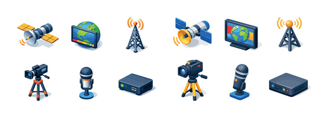 Fototapeta premium Isometric communication and broadcasting devices collection