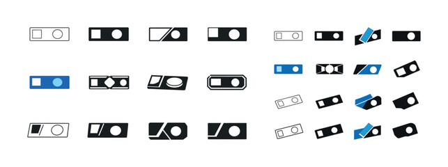 Minimalist geometric icons set featuring blue and black rectangles and circles