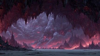 Dramatic cave landscape with ominous clouds and fiery glow evokes fantasy world