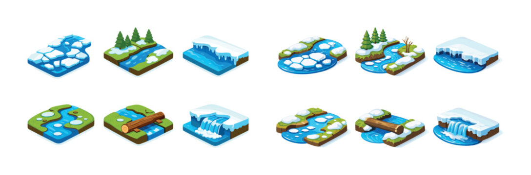Set of winter and spring isometric 3d nature icons with rivers and trees