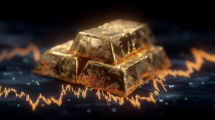 Dramatic close-up of gleaming gold bars stacked atop a fluctuating financial graph