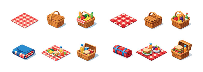 Picnic essentials: baskets, blankets, and food icons on white background
