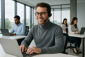 Smiling male customer support agent with headset working on laptop in modern office with team in background, showing teamwork and communication concept. Ai generative