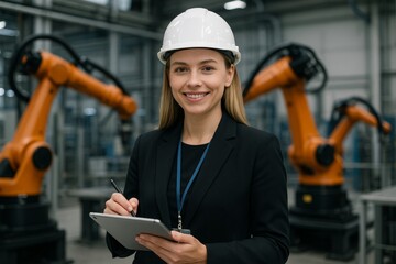 Female engineer in suit and helmet using digital tablet in robotic manufacturing plant with industrial machines in the background. Ai generative. Ai generative