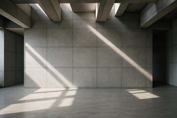 Minimalist interior space with concrete walls and beams casting dramatic shadows through skylights in a modern architectural environment. Ai generative. Ai generative