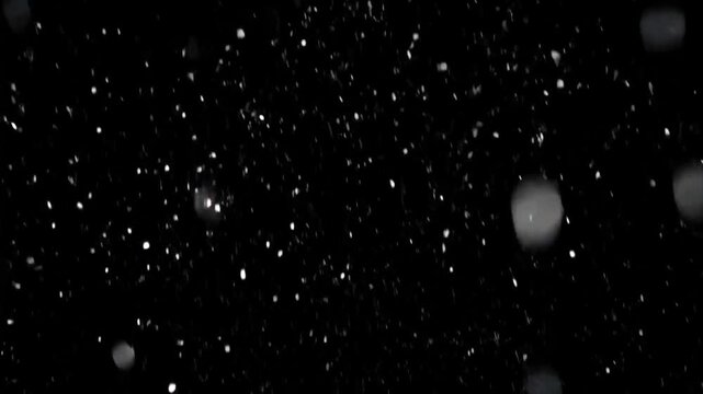 Snowflakes fall in dark background creating unique patterns and shapes