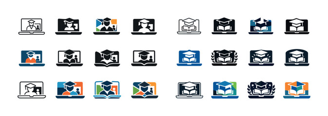 Set of multicolored online education icons featuring graduation caps and books