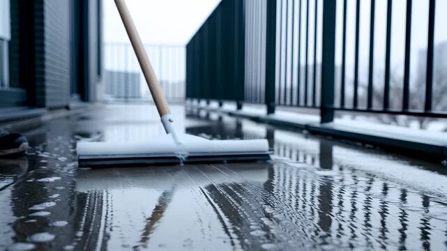 Morning balcony cleaning with floor squeegee pushing water across wet concrete surface under cool overcast light in calm urban setting