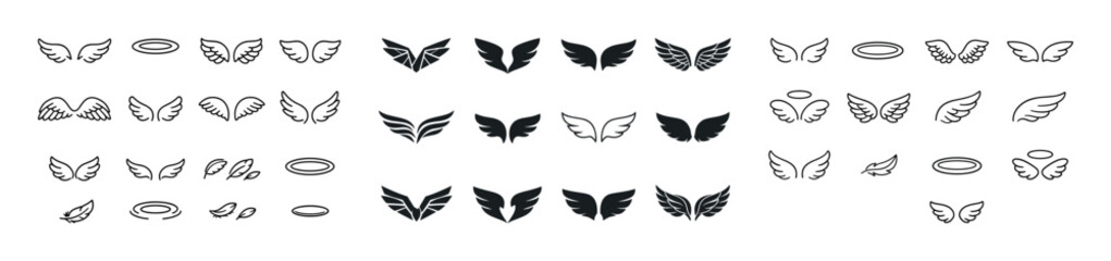 Set of 36 angel and bird wing icons with halo designs