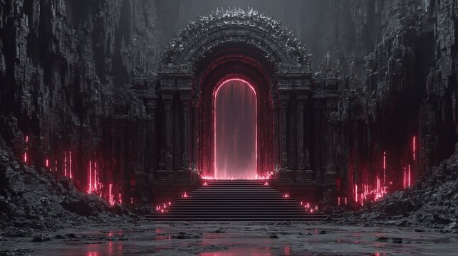 Dramatic fantasy gateway in a dark, gothic landscape with glowing red highlights