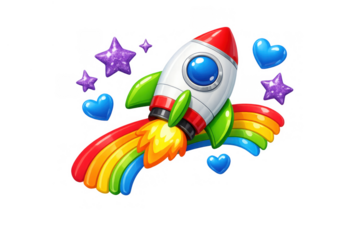 Cartoon spaceship launching with rainbow tail, flying past sparkling stars, and blue hearts in a playful universe