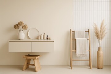 Minimalist beige bathroom interior with wooden stool, vanity, ladder towel rack, and pampas grass decor on neutral background. Ai generative. Ai generative