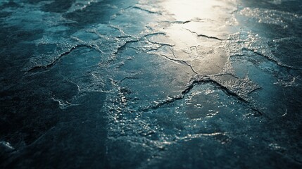 Cracked ice surface with frozen water reflections under soft light .