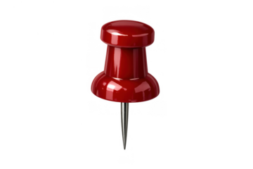 Red pushpin pointing down, marking important location or idea, office stationery supply with sharp needle