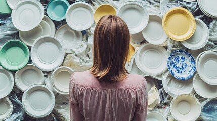 Disposable Plates: Woman facing piles of discarded disposable paper plates, waste problem. Eco-friendly alternatives to disposable plates .