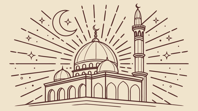 Beautiful mosque with minaret under crescent moon and stars