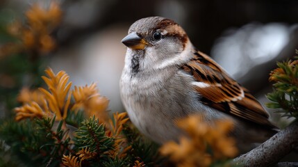 Close up portrait of a house sparrow perched on a pine branch in autumn.