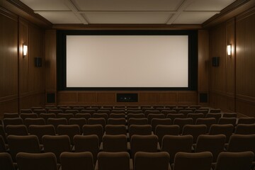 Fototapeta premium Empty cinema auditorium with blank screen and brown seats in a wood-paneled interior viewed from the back in a quiet and dimly-lit atmosphere. Ai generative