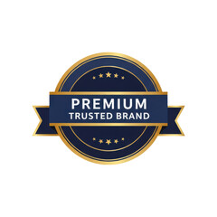Elegant premium trusted brand badge, a modern gold and dark blue quality guarantee seal with stars and ribbon, isolated on transparent background.