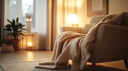 Cozy living room with wool blanket draped over armchair and warm light .