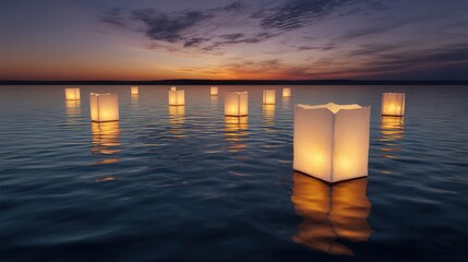 Floating lanterns on tranquil water sunset